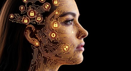 Artificial intelligence and cybersecurity concept with a womans face overlaid with digital circuits and security icons