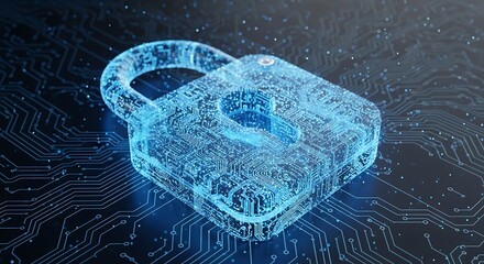 A transparent blue digital padlock constructed from binary code, floating above a dark circuit board, symbolizing data encryption and system security