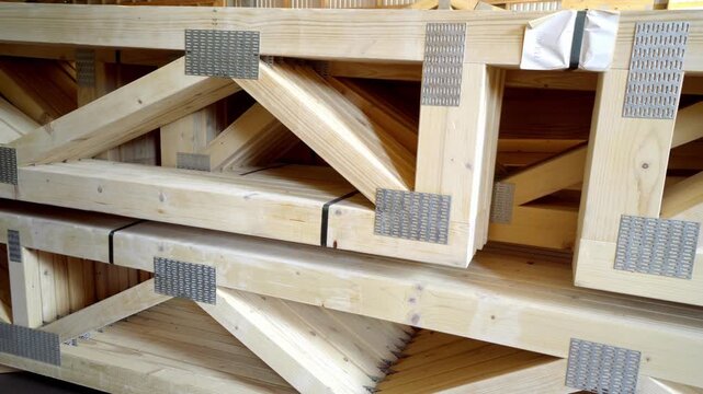 Wood web joist packed and stacked on top of each other, ready for transport.