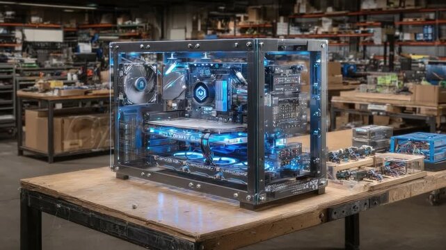 High-tech transparent computer tower with illuminated components sitting on a workbench in a modern workshop filled with electronic equipment and tools