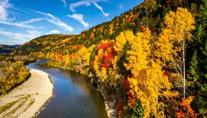 Autumnal river valley with vibrant fall foliage