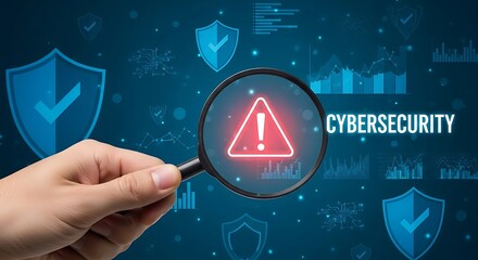 Hand holding a magnifying glass over a warning sign, highlighting cybersecurity threats and data breaches