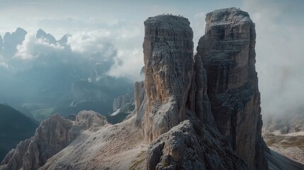 Two tall rock formations mountains. Stunning rock in the mountains of a small town in the alps in italy. A field of video of a shallow formation with a realistic depth of the visitors. Two lifestyle.