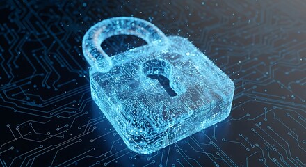 Glowing blue digital padlock symbolizing online security and data protection in a futuristic network environment