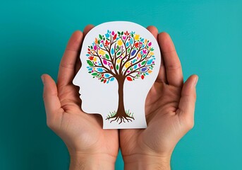 Hands holding a cutout of a human head with a colorful tree of knowledge inside