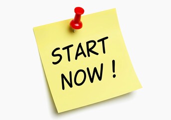 Yellow sticky note with the words start now pinned to a white background