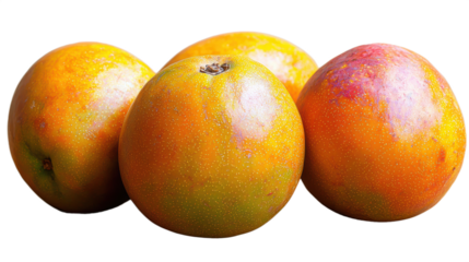 Close up shot featuring a cluster of ripe juicy mangoes with vibrant colors