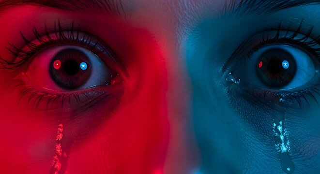 Close-up of teary eyes filled with fear, lit dramatically in contrasting red and blue light.