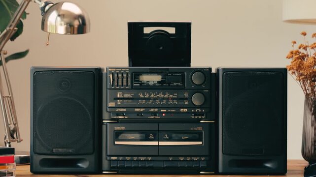 Retro radio tape recorder, audio cassette close-up. Listening to music, old radio boom box player, macro of vintage music listening. 