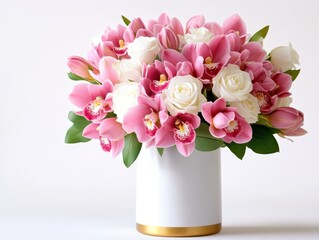 Fototapeta premium A beautiful bouquet featuring pink orchids and white roses in a sleek white vase, perfect for decoration or gifting.