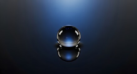 Single glass sphere resting on a reflective dark surface under soft blue light.