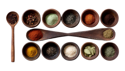 Assortment of colorful spices in wooden bowls isolated on transparent background, culinary and flavoring concept