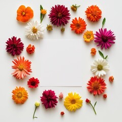 Fototapeta premium A vibrant arrangement of colorful flowers surrounds a blank space, ideal for notes or messages, showcasing nature's beauty and creativity.