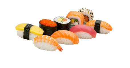 Delicious and colorful sushi arranged in a delightful composition. Each piece is a work of art, showcasing the fresh ingredients and culinary expertise