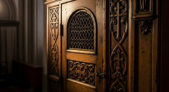 Ornate wooden confessional booth inside a church, illuminated by soft light highlighting intricate carvings.