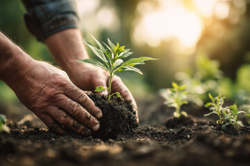 Fototapeta premium Close-up of hands planting seedling in soil