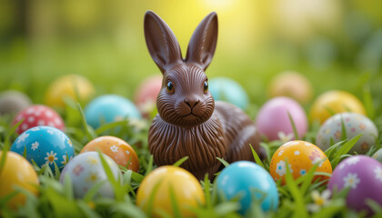 Easter background with chocolate bunny and Easter eggs.