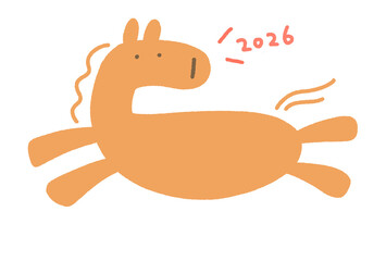 2026年をお祝いする走る茶色の馬のキャラクターイラスト　正月素材・年賀状素材　余白・テキストスペース