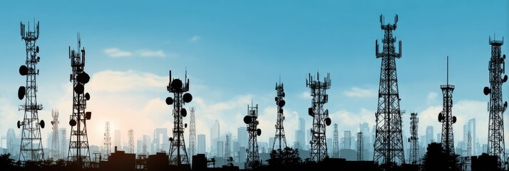 Silhouettes of numerous telecommunication towers against a hazy sky.
