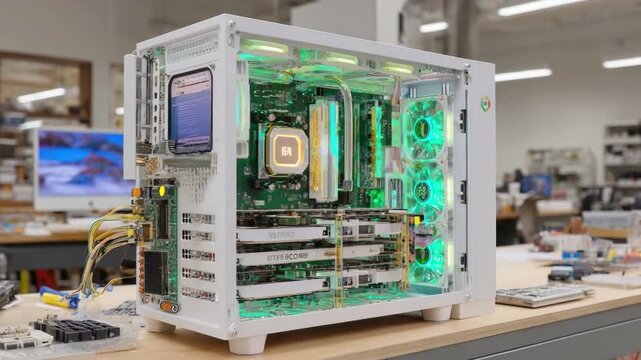 Modern computer case with transparent design showcasing vibrant LED lighting and intricate internal components in a tech workshop environment
