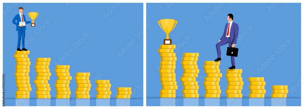 Poster man standing on stack of coin with trophy, and another man climbing up coin stack to trophy. busines