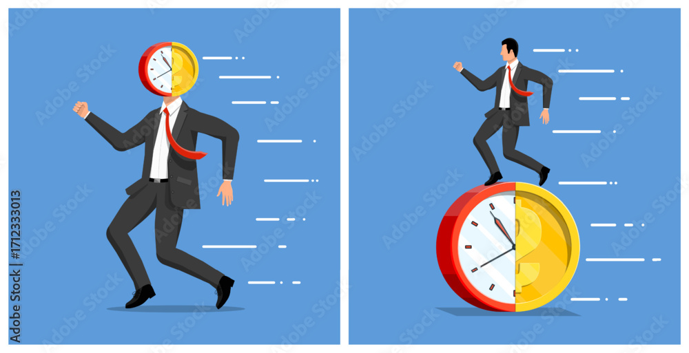 Poster man with clock head running and another man running on a clock coin. time management and business ef