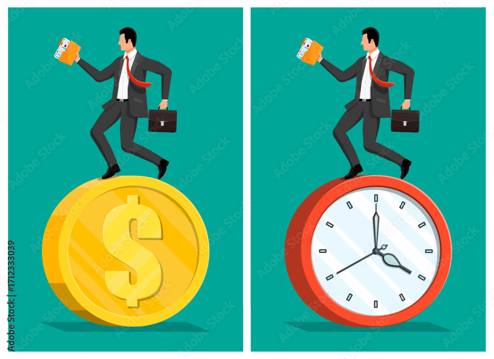 Aufkleber businessman with brief case and folder running on dollar coin and clock. concept of time and money i