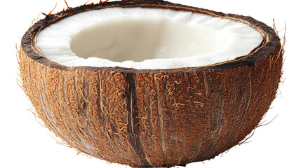 Freshly cut coconut half revealing white flesh and brown shell texture isolated on transparent background