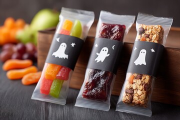 Halloween-themed healthy snacks wrapped in ghost-label packaging on wooden table. healthy Halloween treats like fruit strips, organic gummies, and granola bars. organic Halloween treats