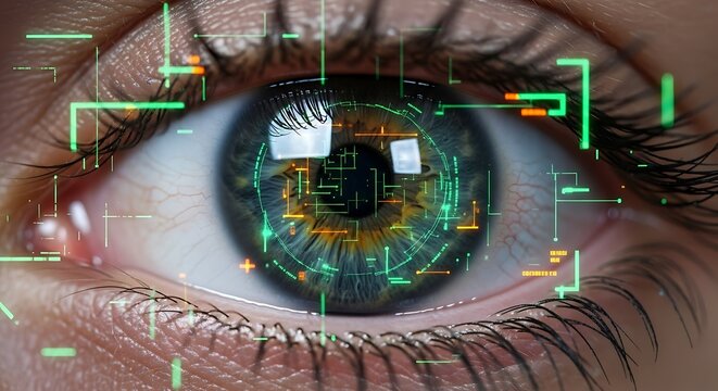 Closeup of a human eye with futuristic digital interface overlay, symbolizing technology and vision