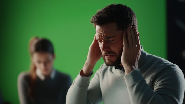Man in suit holding his head in front of green screen. Businessman is frustrated with his headache. Employee with a migraine screen and green discomfort. A man dressed in a suit is lifestyle clasping.