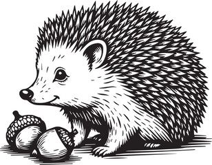 Delightful Hedgehog with Acorns: A charming illustration of a hedgehog, with its spiky coat and endearing smile, stands beside two acorns, capturing a moment of simple joy and the beauty of nature.