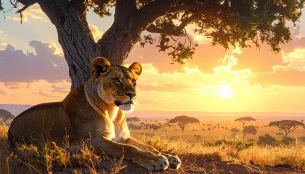 Majestic lioness rests beneath a large, shady tree during a golden African sunset. - Powered by Adobe