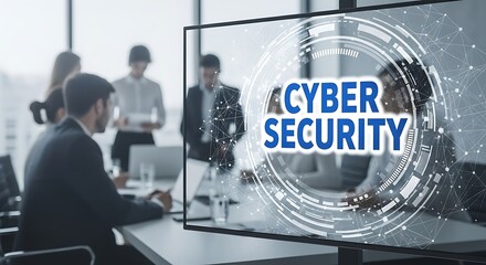 Cyber security concept with a digital interface displaying the words cyber security in a modern office setting with blurred business people in the background