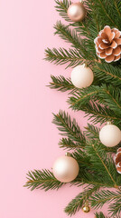 Christmas pine branch ornament bauble pink background festive holiday decoration pinecone celebration winter seasonal green gold shiny elegant minimalist new year”Christmas pine branch with gold