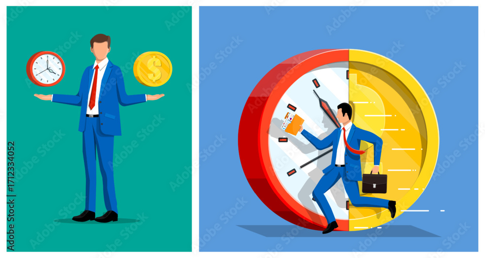 Poster man balancing clock and gold coin, and another man running on a clock face in a time management and 
