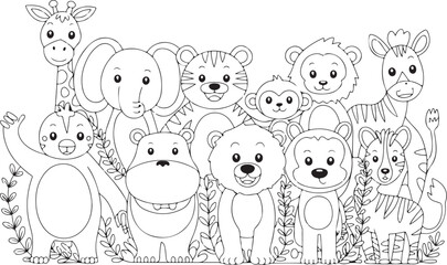 Adorable cartoon animals group coloring page fun