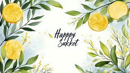 Festive Sukkot greeting card design with fresh citrus fruits, green leaves and watercolor elements on white background. Jewish holiday celebration artwork.