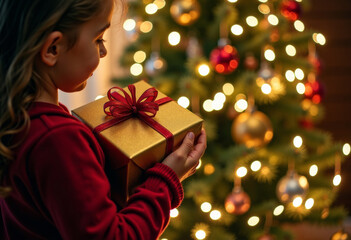 Girl holding a Christmas gift in front of a decorated Christmas tree