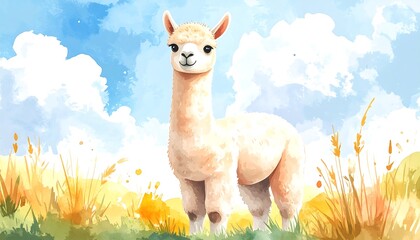 Cute alpaca in a field, watercolor style