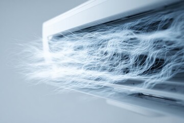 Modern air conditioner unit blowing cool refreshing air stream.