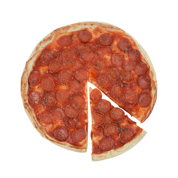 large paperoni pizza on a clean white background with a cut piece