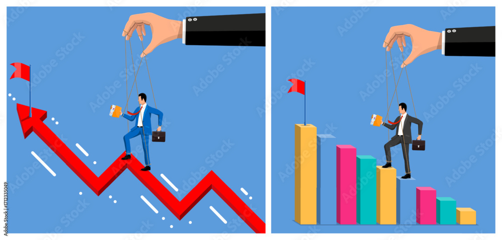 Poster man puppet walking on upward arrow and bar chart manipulated by a giant hand. concept of business co
