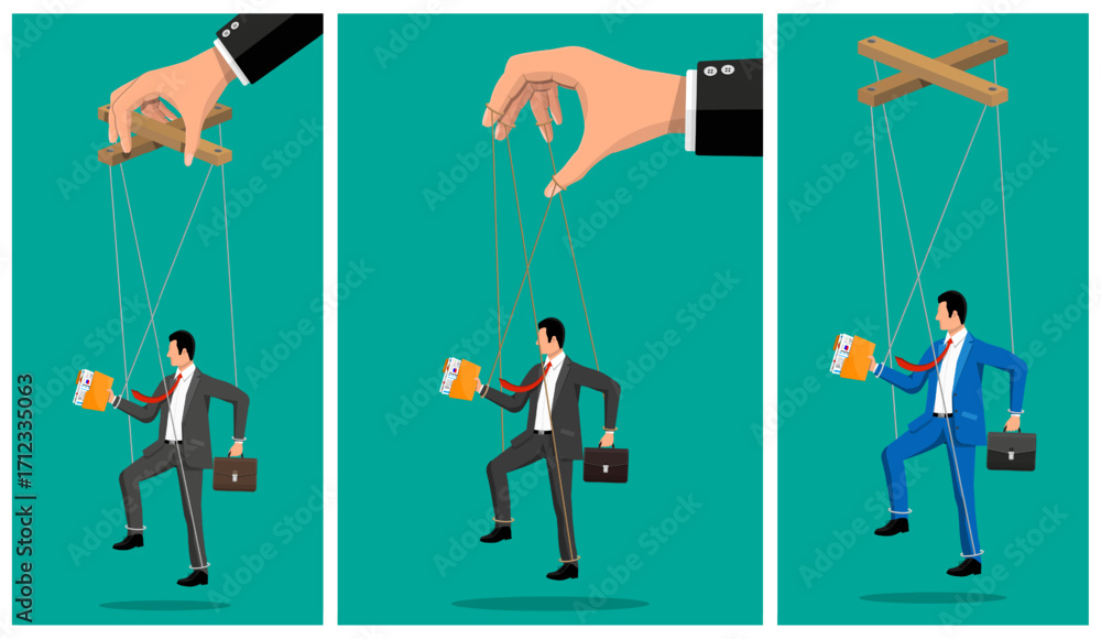 Poster man manipulated by controlling hand like a puppet. concept of control, manipulation, and powerlessne