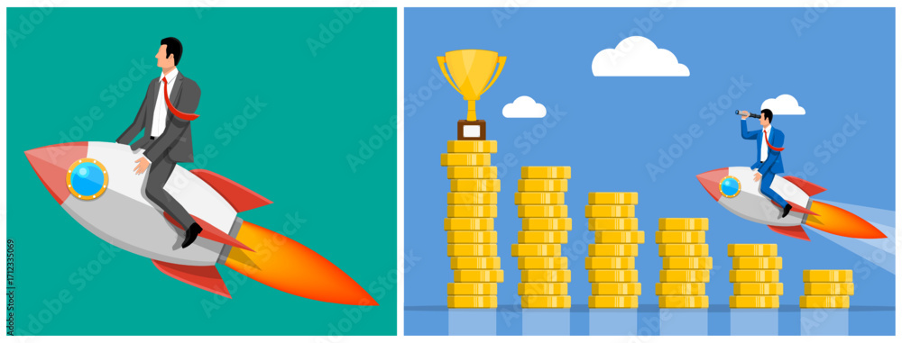 Poster man riding rocket into space and another looking through telescope to achieve goal on coin stack. bu