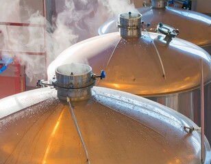 Close up of shiny copper brewing tanks with steam and water droplets