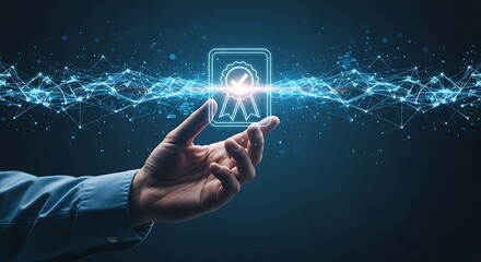 Closeup of a hand holding a glowing digital badge icon representing quality assurance and certification against a network background