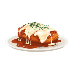 Chicken Parmigiana, 2D flat vector illustration in icon style, isolated on a white background