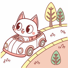cute cat chibi driving a car