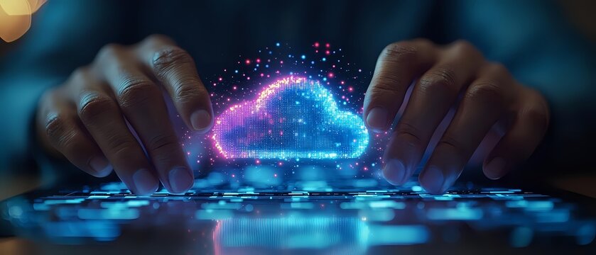 Glowing digital cloud hologram floating above keyboard with hands typing, representing cloud computing technology and digital transformation.